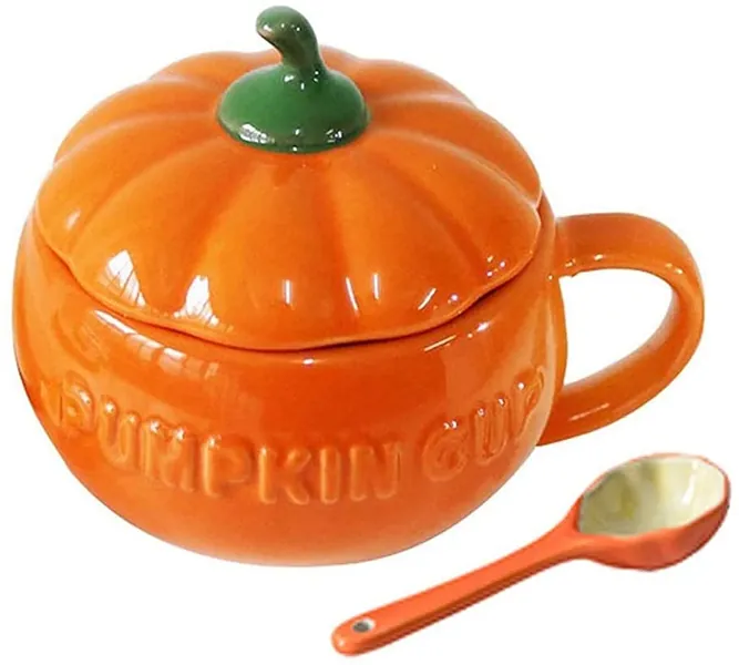 Cute Pumpkin Cup Ceramic Coffee Mug with Lid (Cup+ Spoon)