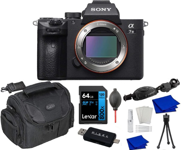 Sony a7 III Mirrorless Digital Camera Bundle with 64GB SDXC Memory Card, Hand Strap, Water Resistant Gadget Bag, Professional Cleaning Kit + More - 