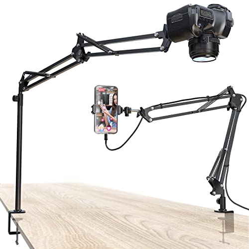 CACENCAN Overhead Camera Mount, 5lb Horizontal Load-Bearing, 360° Adjustable Camera Stand for Desk, Flexible Camera Arm Desk Mount, with Phone Clamp, Tabletop Mount for DSLR Camera/Webcam/Microphone - Black