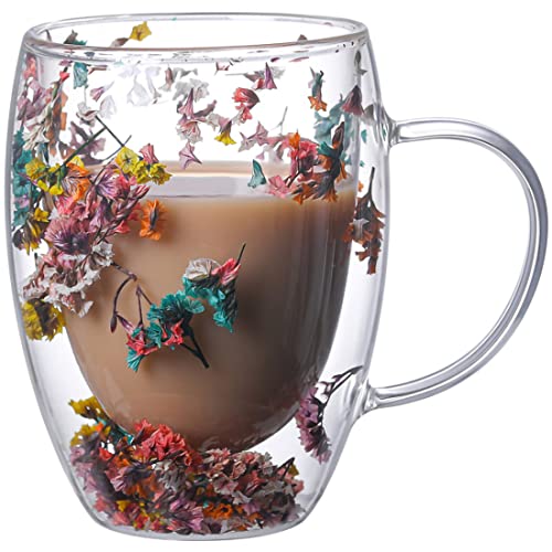 NBHUZEHUA Double Wall Glass Coffee Mugs Clear Cups for Cappuccino Tea Espresso Latte Hot Beverages Glasses Birthday Gifts for Women Her - flower -glass mug