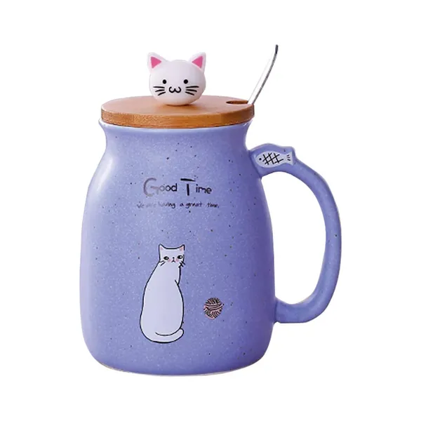 Cat Mug Cute Ceramic Coffee Cup with Lovely Kitty lid Stainless Steel Spoon,Novelty Morning Cup Tea Milk Christmas Mug Gift 380ML (Purple)
