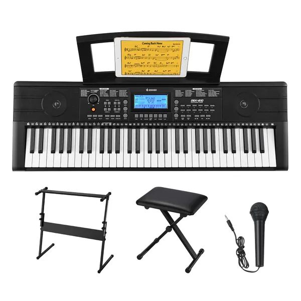 Donner 61 Key Keyboard Piano, Piano Keyboard for Beginner/Professional, Electronic Keyboard with Piano Stool, Stand and Microphone, Supports MP3/USB MIDI/Audio/Microphone/Headphones/Sustain Pedal