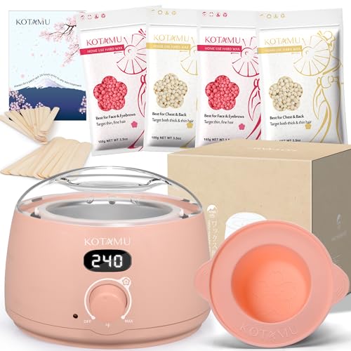 KOTAMU Wax Kit Pink Digital Hair Removal Waxing Kit for Women & Men Hot Wax Warmer Pot for Face, Eyebrow, Body, Brazilian, Bikini, Sensitive Skin Wax Machine with 25 Accessories for Home Salon - 3.5 Ounce (Pack of 4) - Blush 01