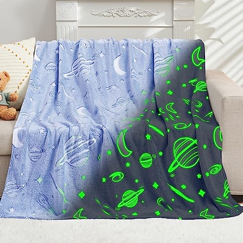 inhand Glow in The Dark Stars Blanket for Girls Boys Cute Kids Throw Blanket Funny Space Moon Galaxy Blanket Gaming Room Decor Teen Toys Gifts Ideas Stuff for 8-12 Years Old (50''x60'' Blue) - Blue Star - 50“x60"