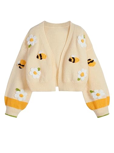 SHENHE Women's Cute Floral Bee Embroidered Crop Cardigan Open Front Lantern Sleeve Knit Sweater - Large - Yellow