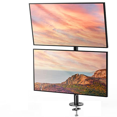 HUANUO Vertical Monitor Mount, Dual Monitor Stand with Height Adjustment, Vertical Stack Screen Supports Two 17 to 32 Inch Computer Monitors with C Clamp Grommet Base