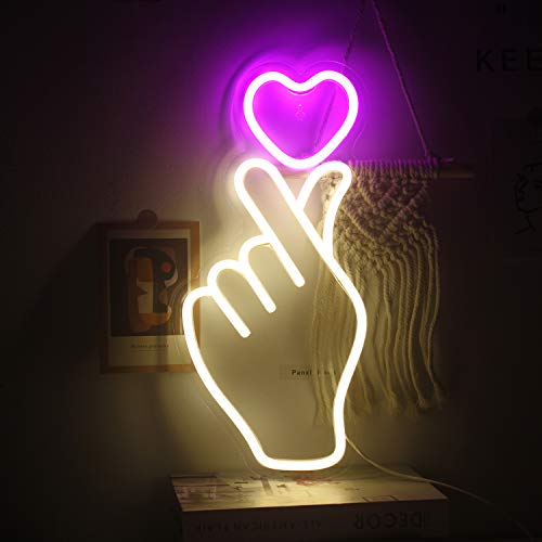 ineonlife Heart Gesture Neon Signs Pink Love Neon Light Led Decorative Neon Sign for Bedroom 16’’x8’’ Girl Gift Apartment Anniversary Wedding Valentine's Day Party USB Powered(White Pink)