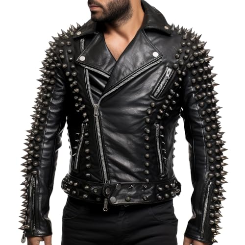 The Next Mens Motorbike Jacket Rock Sleeve Punk Spike Studded Motorcycle Biker Moto Genuine Leather Jackets - Black - Faux Leather - XX-Large