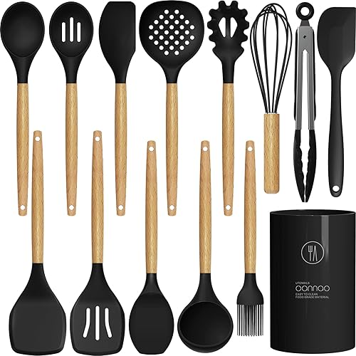 Silicone Cooking Utensils Set - 446°F Heat Resistant Silicone Kitchen Utensils for Cooking,Kitchen Utensil Spatula Set w Wooden Handles and Holder, Gadgets for Non-Stick Cookware BPA Free (Black) - Black