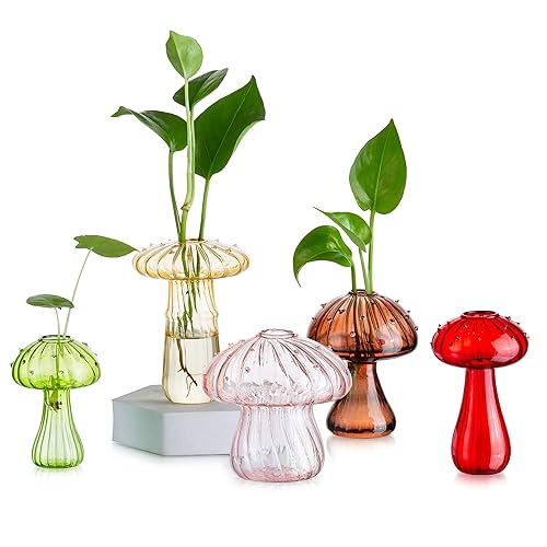 Glasseam Mushroom Glass Planter, Set of 5 Colored Plant Propagation Station, Mini Terrarium for Plants, Unique Small Glass Vase for Flowers, Cute Hydroponic Indoor Planters Gifts for Women Room Decor - 5 - Colorful