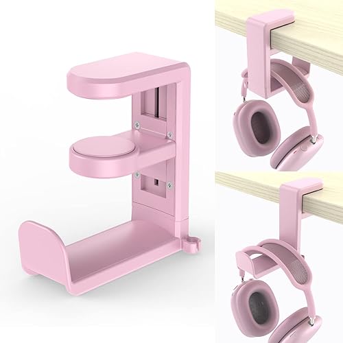 Rotating Headphone Stand - EURPMASK PC Gaming Headset Stand, Adjustable Clamp-on Headphone Holder, Headphone Hanger Hook Under Desk with 360 Degree Swivel&Cable Clip Organizer - Pink - Pink