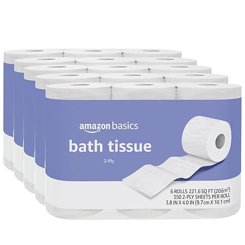 Amazon Basics 2-Ply Toilet Paper, 30 Rolls = 120 Regular Rolls, 350 Sheets, (Pack of 30), Unscented - 350 sheet (Pack of 30)