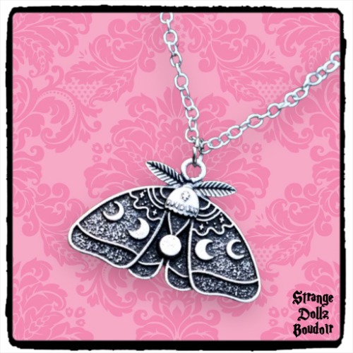 Lunar Moth necklace, Moonphase Celestial Witchy Gothic, Strange Dollz Boudoir
