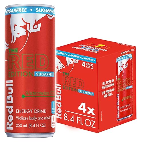 Red Bull Red Edition Sugar Free Energy Drink, Watermelon, with 80mg Caffeine plus Taurine & B Vitamins, 8.4 Fl Oz, Pack of 4 Cans - Watermelon - 8.4 Fl Oz, Pack of 4 Cans