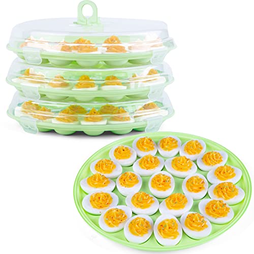 HANSGO 3PCS Deviled Egg Platter and Carrier With Lid - 66 Egg Slots for Parties and Home Kitchen - 3 Pack Green