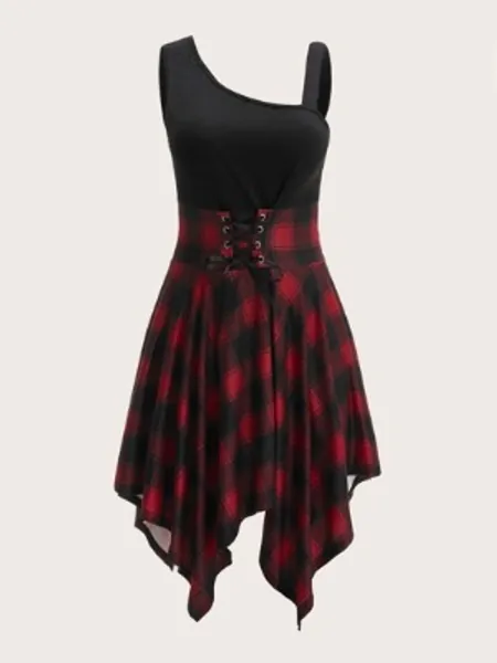 Plus Plaid Lace Up Hanky Hem Dress