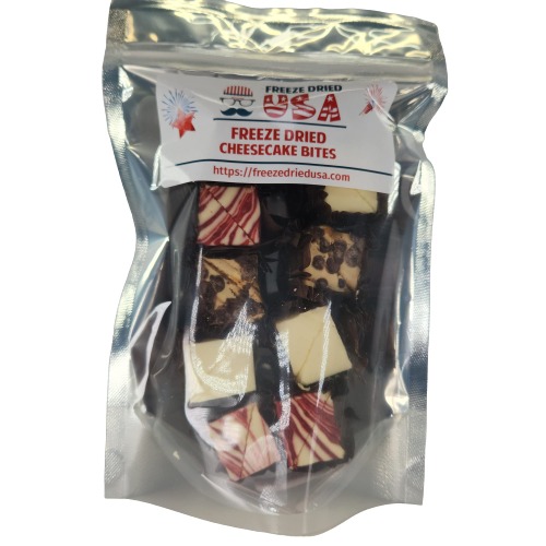 Freeze Dried USA Cheesecake Bites - 3 delicious flavors New York, Strawberry Swirl and Caramel Chocolate Chip. Makes great holidays gifts, birthdays, parties and gatherings