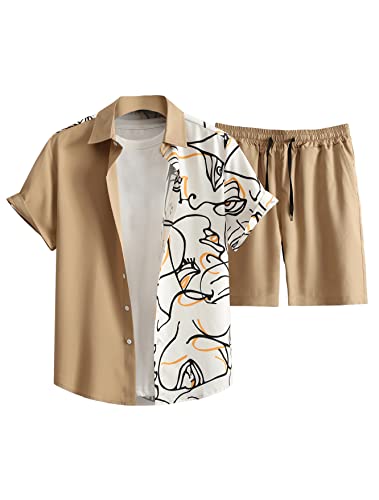 Verdusa Men's 2 Piece Outfit Colorblock Button Up Shirt and Drawstring Waist Shorts Sets - X-Large - Khaki and White