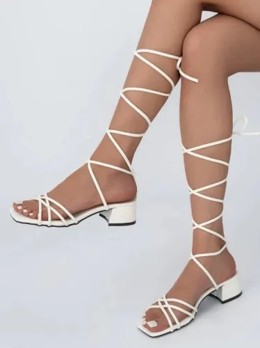 Women Tie Leg Design Chunky Heeled Strappy Sandals