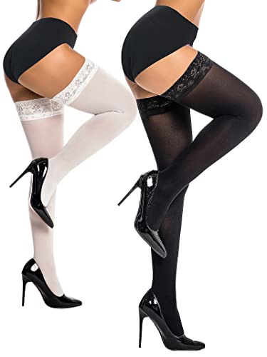 HONENNA Semi Sheer Stay Up Lingerie Thigh High Stockings Lace Top Size A-F, 1-2 Pairs - E-F - Black and Cream 2 Pairs