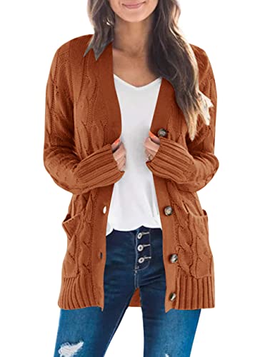 MEROKEETY Women's 2024 Fall Long Sleeve Cable Knit Sweater Open Front Cardigan Button Loose Outerwear - Brown - X-Large