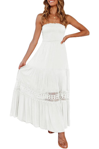 ZESICA Women's 2023 Summer Bohemian Strapless Off Shoulder Lace Trim Backless Flowy A Line Beach Long Maxi Dress - White - XX-Large
