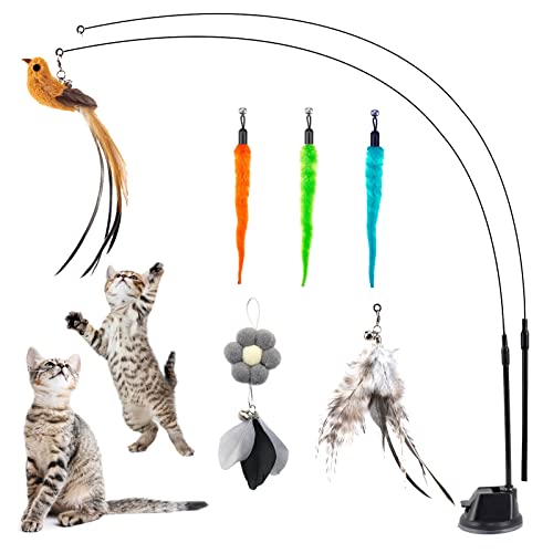 EASY JOY Jouet à Plumes pour Chats, Jouet Chat Interieur, Jouets interactifs pour Chats avec 2 Baguette Magique et 6 Plumes avec Cloche,Jouet Chat Kit avec ventouse Amovible (9Pièces) - Ventouse 1 trou