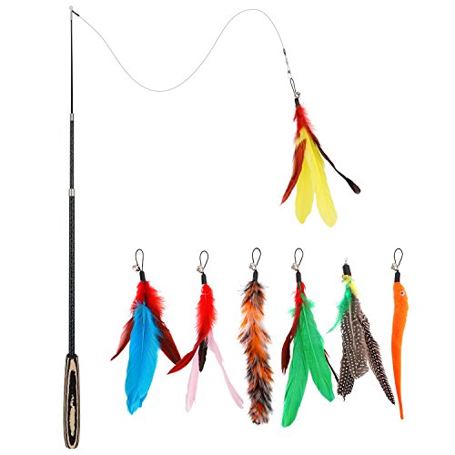 Pawaboo Jouet pour Chat Intéractive avec Plume, Lot de 7 Extensible, Baguette Flottante à Plume, Extra Longue de 96 CM avec Petite Cloche, Bâton Amusant Exercice Jouet Fil Chaser, Rayures Colorées - 5 Rayures Colorées