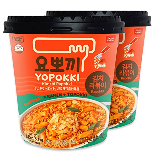 Yopokki Instant Rabokki Cup (Kimchi, Cup of 2) Korean Street food with Kimchi flavored sauce Ramen Noodle Topokki Rice Cake - Quick & Easy to Prepare - Kimchi Cup