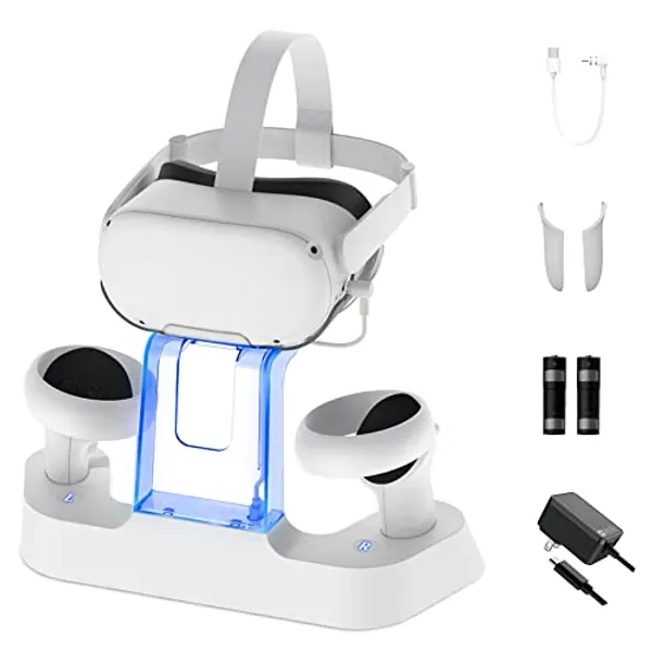 NexiGo Enhanced Charging Dock with LED Light for Oculus Quest 2, [Support Elite Strap with Battery], Headset Display Stand and Controller Mount, 2 Rechargeable Batteries, Magnetic Cable (Renewed)