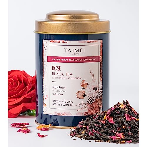 Taimei Teatime Rose Black Tea Loose Leaf,4.23 oz Tin - 50 Cups,High Caffeine Black Loose Leaves Tea,Perfect Refreshing Iced Tea,Fancy Tea Gift Set for Women Tea Lovers - Rose Black Tea