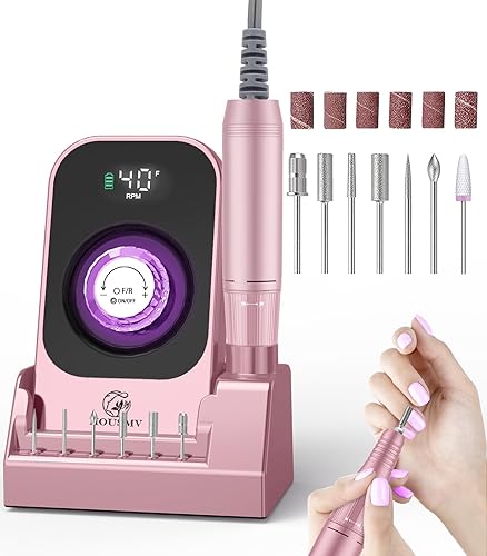 Portable Electric Nail Drill File: 40000RPM Professional Rechargeable Nail E File Machine, Cordless Nail Drill with Bits & Base for Acrylic Nails Remove Nail Gel Polish Manicure for Salon Home - Rose Gold Pink