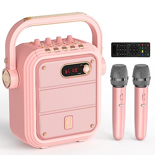 JYX Karaoke Machine with 2 Wireless Mics,Pink Karaoke Speaker with Treble/Bass Adjustment,Bluetooth Speaker PA System with Vocal Cut,8 Sound Effects,Support TWS/REC/BT/USB/SD/AUX for Party,Livestream - Pink(Mic x 2 )