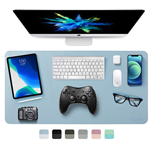 Dual-Sided Desk Pad Office Desk Mat, EMINTA Ultra Thin Waterproof PU Leather Mouse Pad Desk Blotter Protector, Desk Writing Mat for Office/Home (Light Blue/Silver, 31.5" x 15.7") - Light Blue/Silver 35.4" x 17"