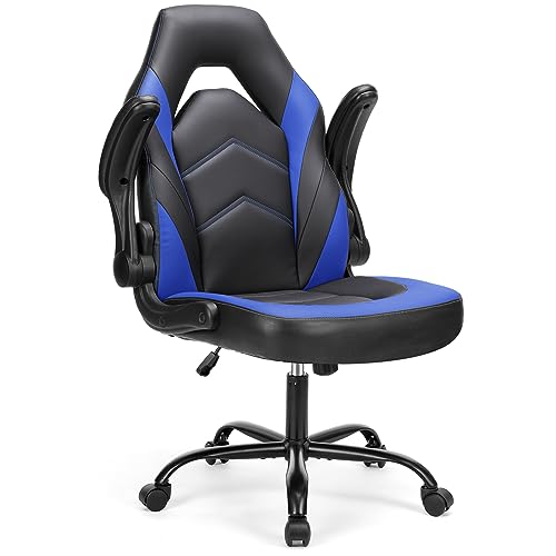 Sweetcrispy Gaming Chair - Black | PU Leather | Ergonomic, Adjustable, Swivel, Flip-up Armrest | Racing Chair - Blue