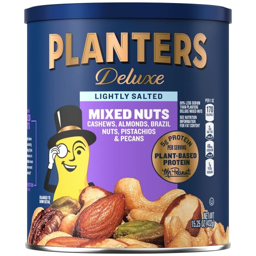 PLANTERS Deluxe Lightly Salted Mixed Nuts, 15.25 oz. Resealable Container - Reduced Sodium Mixed Nuts with Cashews, Almonds, Hazelnuts, Pistachios & Pecans - Vegan Snacks, Kosher - Lightly Salted Mixed Nuts