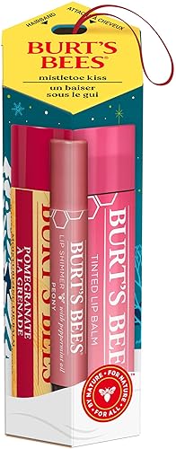 Burt's Bees Mistletoe Kiss Set, 3 Lip Products, Pomegranate Moisturizing Lip Balm, Peony Lip Shimmer and Hibiscus Tinted Lip Balm, 3 Assorted Products, Christmas Gifts, Stocking Stuffer - Mistletoe Kiss