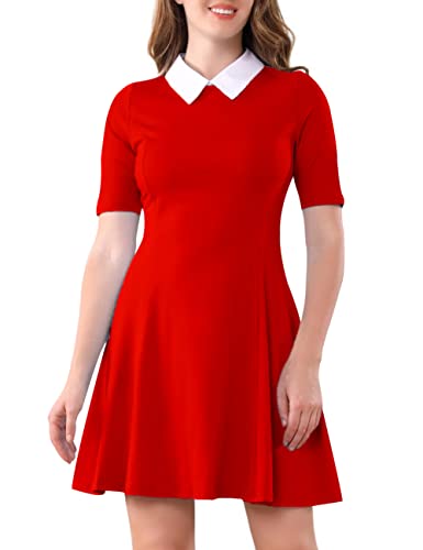 Aphratti Women's Short Sleeve Peter Pan Collar Cute Skater Dress Fit and Flare A-Line Casual Dresses - Medium - Red