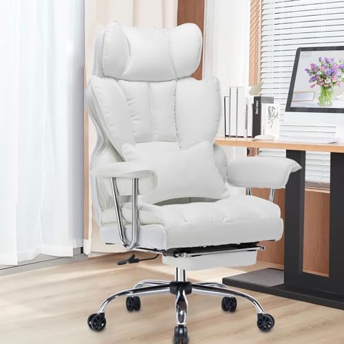 Efomao Desk Office Chair 400LBS, Big and Tall Office Chair, PU Leather Computer Chair, Executive Office Chair with Leg Rest and Lumbar Support, White Office Chair - White