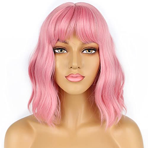 LANCAINI Pastel Bob Wigs with Bangs for Women Loose Wavy Wig Pastel Wavy Shoulder Length Bob Synthetic Cosplay Wig for Girl Colorful Costume Wigs (Pink) - Pink