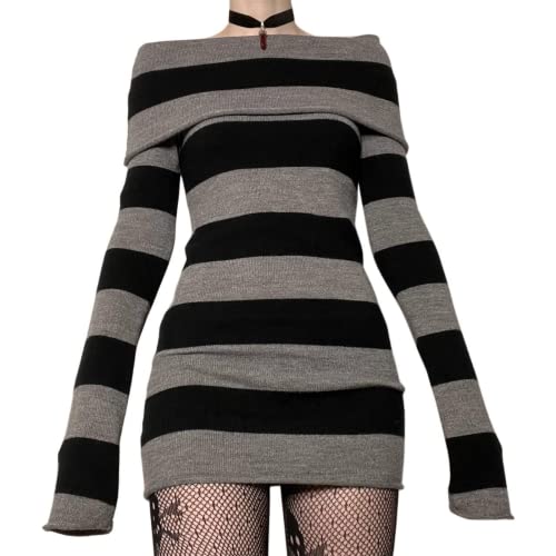 Women Gothic Off Shoulder Mini Dress Aesthetic Long Sleeve Stripe Bodycon Short Dress Sexy Wrap Ribbed Knit Sweater Dress - M - Black