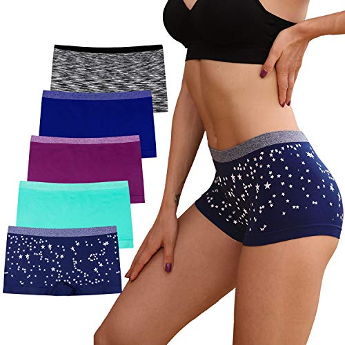 R RUXIA Womens Boyshort Panties Seamless Ladies Underwear Full Coverage Briefs No Show Boxers for Sleep and Workout Printing Boyshort 5-Pack - M - B010-4