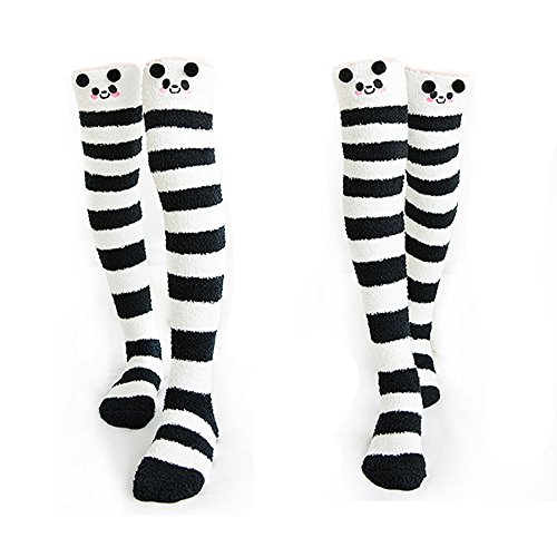 Binoster Cute Thigh High Long Striped Socks Coral Fleece Warm Soft Over Knee High Socks, Women's and Girl's - Panda