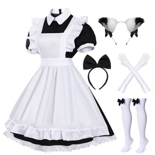 Alaiyaky French Maid Outfits for Women Set, 5PCS French Cosplay Costumes for Women includes Gloves Headwear Socks Set