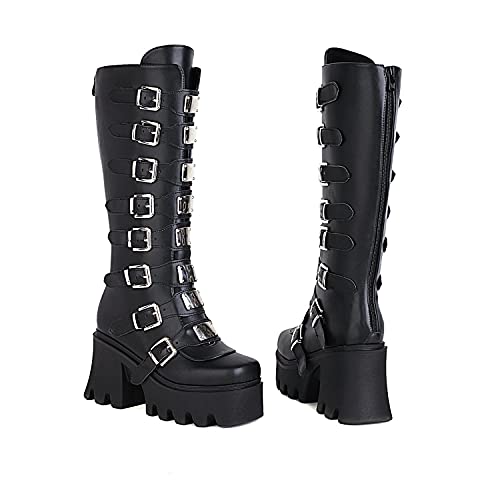JIFAENY Ladies Punk Goth Platform Boots Gothic Wedge Chunky Ins Motorcycle Mid -Calf Combat Knee High Zipper Boots - 10 UK - Matte