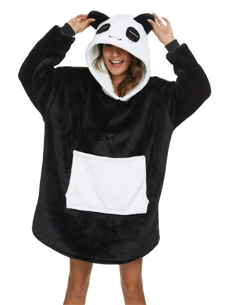 Très Chic Mailanda Panda Blanket Hoodie Oversized Hooded Blanket Sweatshirt, Unisex Sherpa Blanket Warm with Giant Pocket (Panda, M (Height 150-170cm))