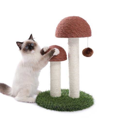 PETEPELA Cat Scratching Post, Mushroom Tall Cat Scratcher Featuring with Natural Sisal Scratching Poles and Interactive Toy Ball for Kittens and Small Cats (Brown) - Brown