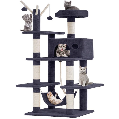 BestPet Cat Tree Tower Condo Playground Cage Kitten Multi-Level 56 inches Activity Center Play House Medium Scratching Post Furniture Plush Perches with Hammock (Gray) - Gray