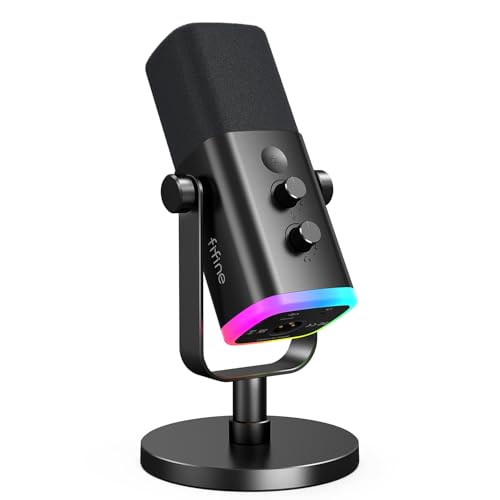 Fifine XLR/USB Dynamic Podcasting Microphone, Gaming Studio Computer PC Mic with RGB, Mute Button, Headphones Jack, Desktop Stand for Streaming Recording Vocal VoiceOver YouTube Singing-AM8 - Black