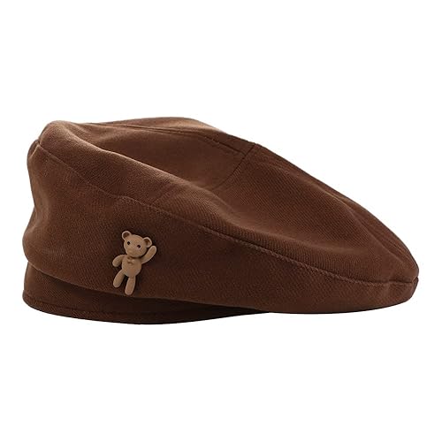 Pokinge Fashion Vintage Cartoon Bear Beret Warm Octagonal Cap for Girls Women Elegant Lady Caps Painter Hat Casual Winter Women Caps Polyester Berets Brown